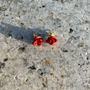 Red Rose Stud Earrings, Gold Tone, Elegant Floral Vintage Style